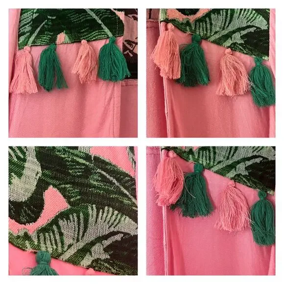 Judith March Tropical Pink & Green Tassel Palm Leaf  Fringe Hem Kimono Size L - Picture 7 of 10